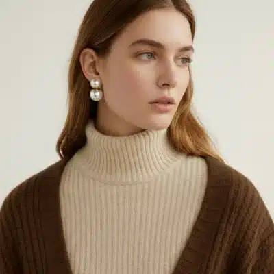 Du trägst einen beigen Rollkragenpullover, eine braune Strickjacke und stilvolle Marit Ohrstecker-Perlen, blickst zur Seite.