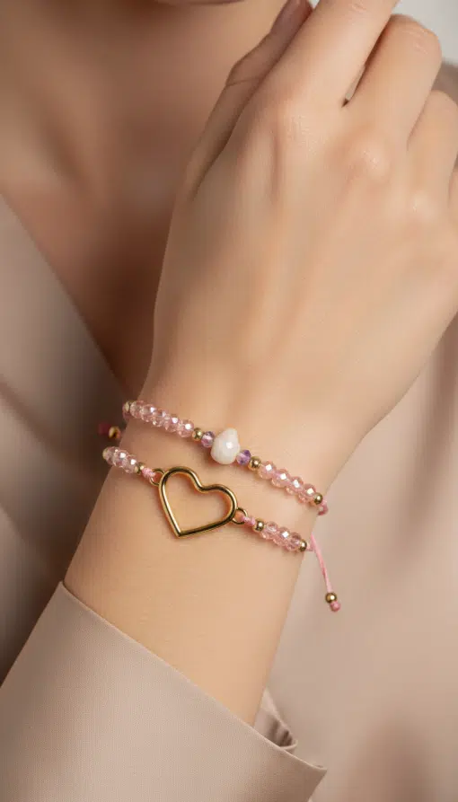Erlebe den Style: Du trägst die Zwillingsherz Love Bracelet Twins - zwei rosa Perlenarmbänder mit Herz und Perle.