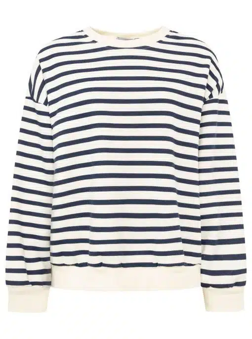 Setze auf zeitlosen Trend: Mit diesem weißen Sweatshirt mit navyblauen Streifen hebst du deinen Style auf nächstes Level.