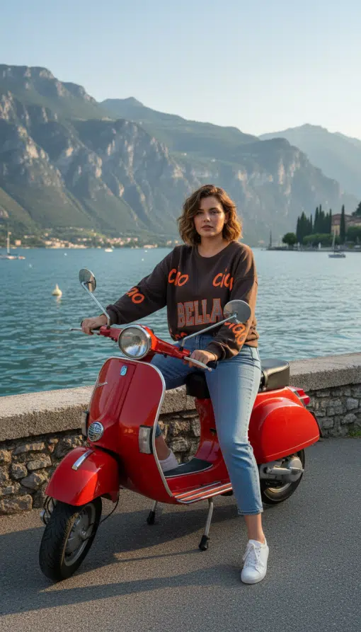 Setz dich auf deinen roten Scooter, trag das trendige Bella Ciao Sweatshirt und genieße den Seeblick vor Bergkulisse.