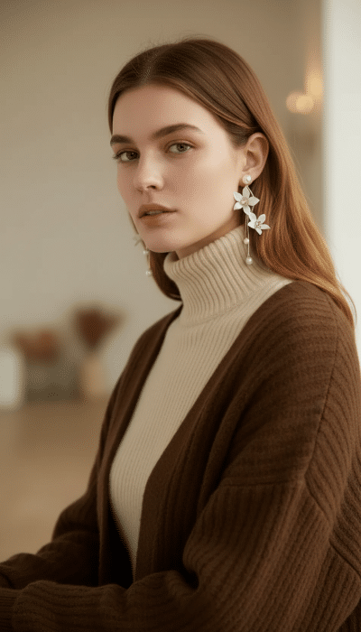 Du sitzt entspannt im stylischen braunen Pullover und hellen Rollkragen, deine Yuri Blütenohrstecker setzen ein Statement.