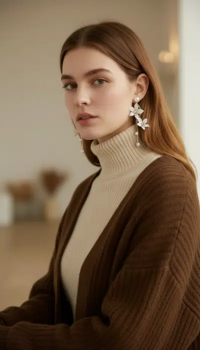 Du sitzt entspannt im stylischen braunen Pullover und hellen Rollkragen, deine Yuri Blütenohrstecker setzen ein Statement.