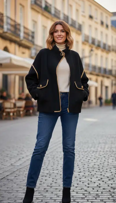 Strahle mit der Boxy Style Jacke und Jeans auf Kopfsteinpflaster - modernes City-Feeling, das deinen Look perfekt macht!.