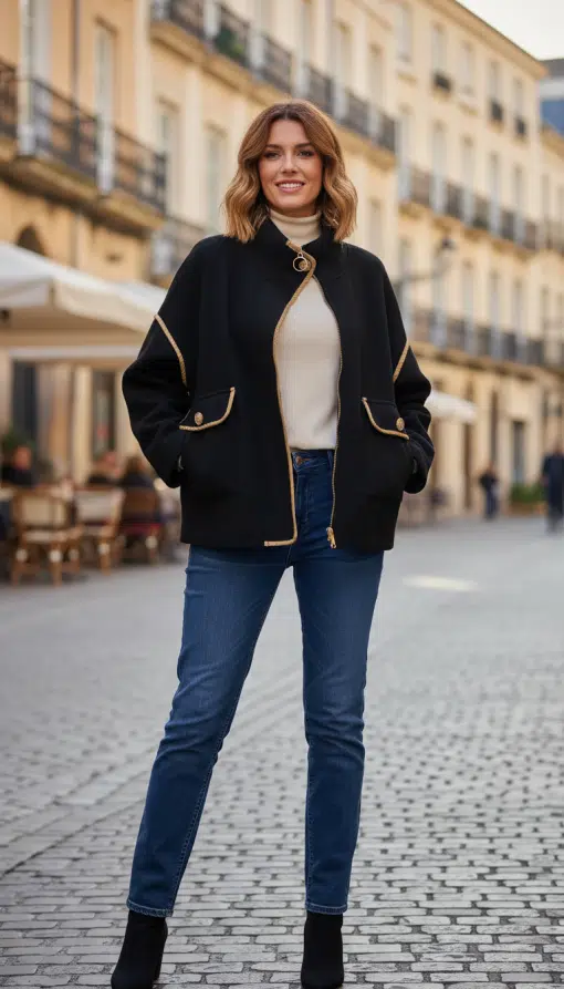 Strahle mit der Boxy Style Jacke und Jeans auf Kopfsteinpflaster - modernes City-Feeling, das deinen Look perfekt macht!.