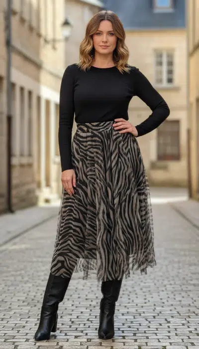 Setze ein Fashion-Statement: Im schwarzen Top, Urban Jungle Chiffonrock und Boots rockst du die Kopfsteinpflaster-Straße!.