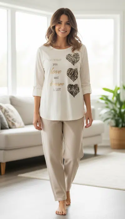Du trägst beige Pyjamas mit Herzprint, strahlst barfuß und entspannt im hellen Wohnzimmer im angesagten Queen of Hearts Leo Shirt.
