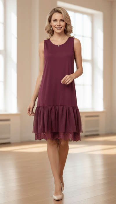 Du trägst ein ärmelloses, bordeauxrotes Layering-Kleid mit Rüschen, stilvoll inszeniert vor großen Fenstern im hellen Raum.