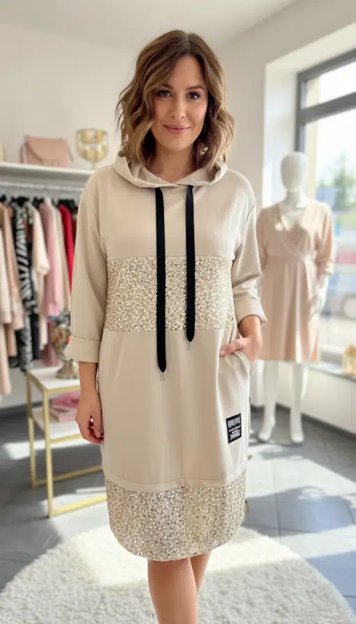 Entdecke deinen Look: Du strahlst im beigen Glitz Up Your Day Kleid mit goldenen Pailletten in einem angesagten Boutique-Ambiente.