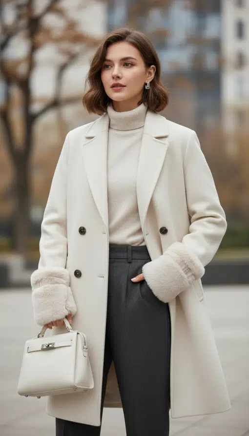Du trägst einen weißen Mantel und Rollkragen, hältst eine stylishe Handtasche und setzt mit den Beverly Handstulpen ein Statement.