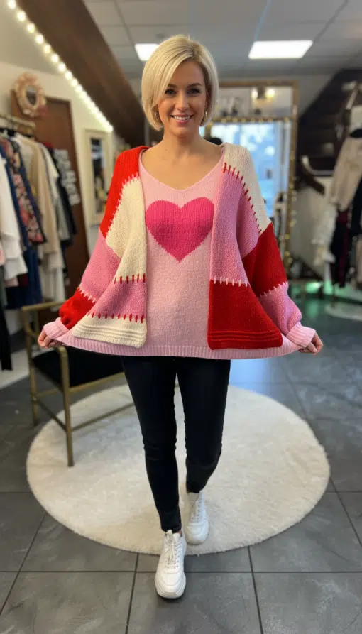 Erlebe deinen farbenfrohen Look: Du strahlst in der Color Block Kuschel-Strickjacke und schwarzen Pants im modernen Store.