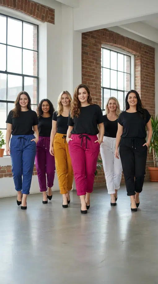 Du und deine Freundinnen glänzt in den farbenfrohen Uni "Zauberhafte Hose" Ladysize Pants - selbstbewusst, trendy und modern!.