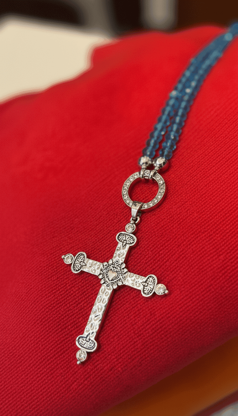 Wechselanhänger: Silberner Kreuz Anhänger mit blauen Perlenkette auf rotem Stoff. Elegantes Schmuckstück.