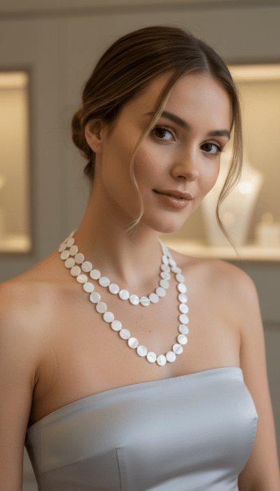 Du strahlst in deinem schulterfreien Kleid und der Zwillingsherz Pearl Shine Kette mit Doppelstrang - stilvoll, modern, einzigartig.