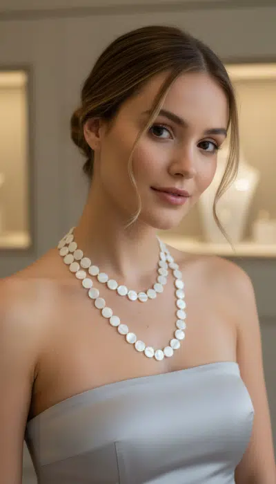 Du strahlst in deinem schulterfreien Kleid und der Zwillingsherz Pearl Shine Kette mit Doppelstrang - stilvoll, modern, einzigartig.