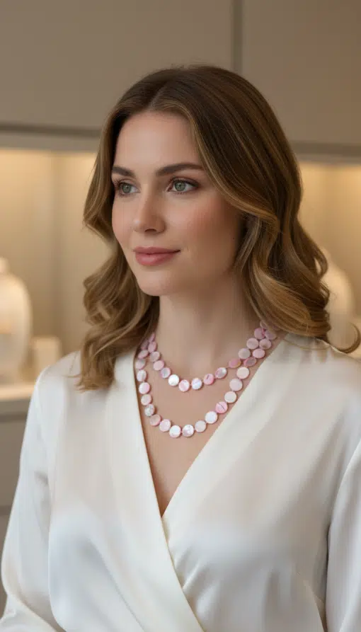 Strahle in deinem weißen Blusen-Look mit der Zwillingsherz Pearl Shine Kette: Trendiger Lagen-Look mit pinken, schimmernden Perlen.