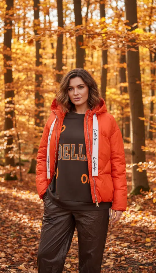 Du trägst ein orangefarbenes Bella Ciao Sweatshirt und braune Hose und setzt im herbstlichen Blätterwald ein Statement.