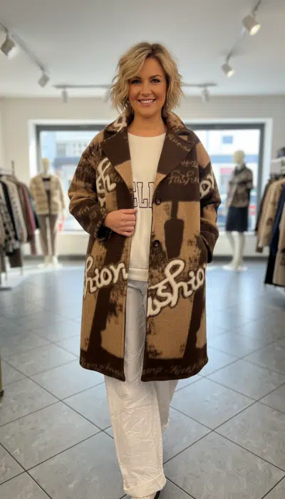 Sei der Hingucker: In deinem braun gemusterten Mantel, weißen Hosen und dem Bella Ciao Sweatshirt im modernen Store strahlen!.