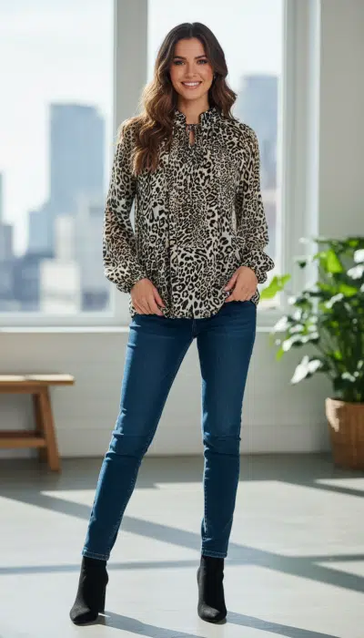 Du trägst eine angesagte Leopardenbluse, lässige Jeans und coole schwarze Boots - dein Lächeln macht den Look perfekt.