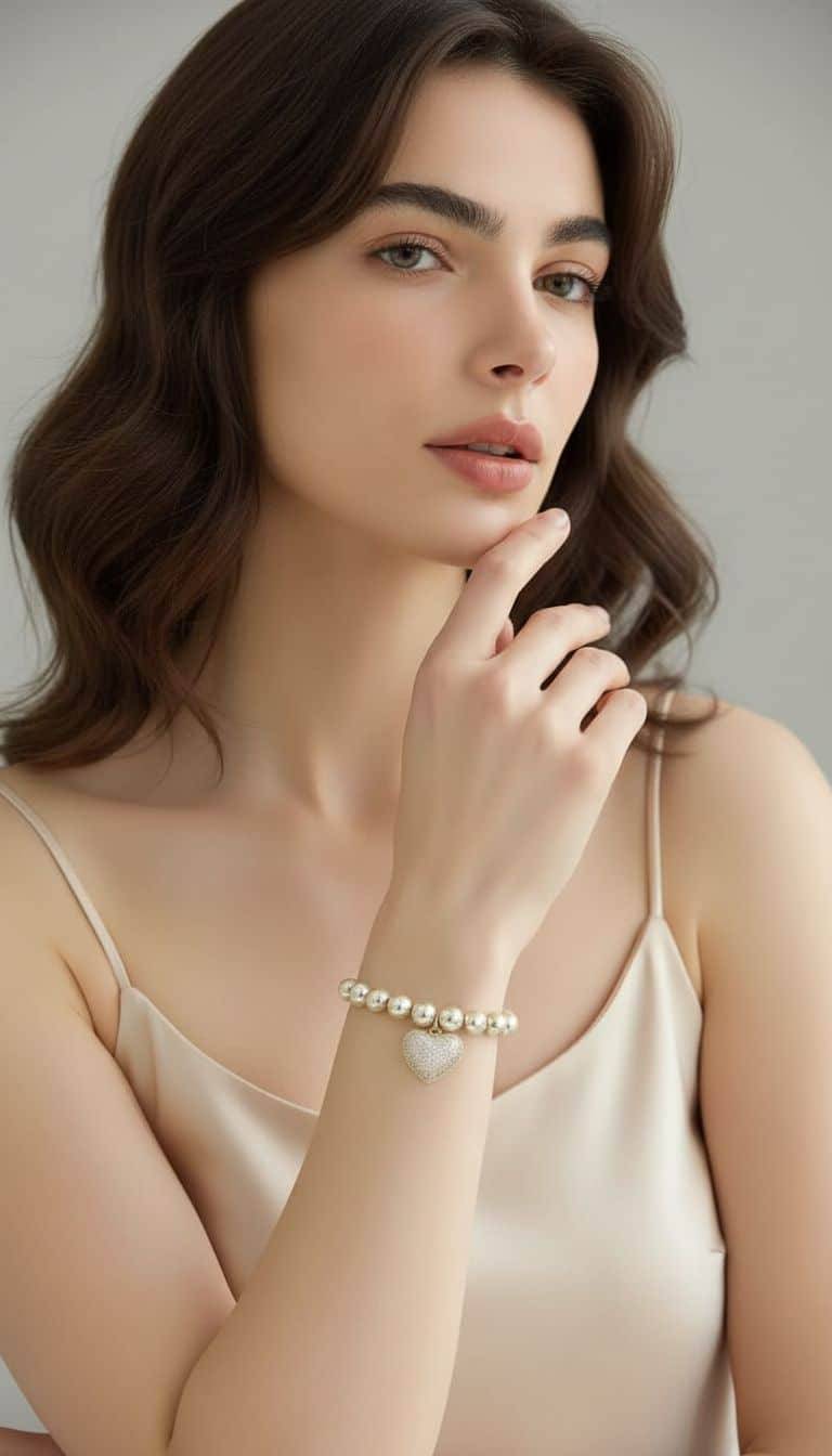 Glänzendes Liebesarmband: Frau mit Herzarmband, Schmuck aus Gold. Shine of Love Armband.