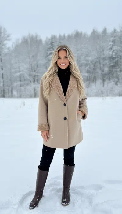 Du stehst im stylishen beigen Mantel und coolen Boots auf dem verschneiten Feld, umgeben von winterlicher Natur und Bäumen.