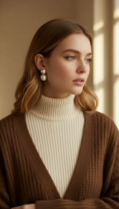 Du trägst einen cremefarbenen Rollkragen, braunen Pullover und Marit Ohrstecker - stilvoll, modern und voller Inspiration.