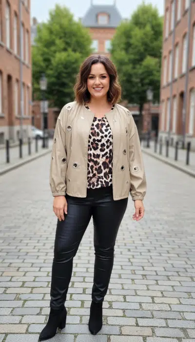 Du trägst die "Metropolis" Kunstlederjacke und schwarze Hosen auf Pflastersteinen - modern, selbstbewusst, mit strahlendem Lächeln.