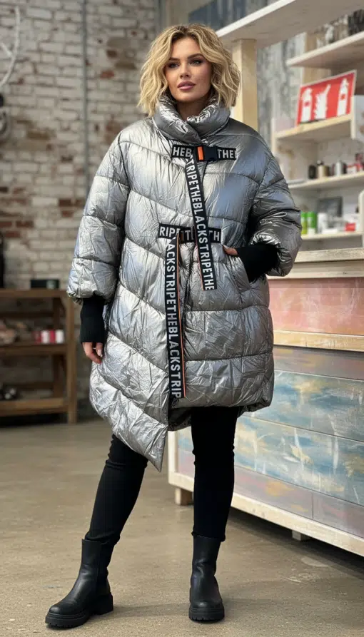 Du setzt drinnen ein Statement mit der glänzenden THE BLACK STRIPE Oversize-Jacke zu schwarzer Hose und Boots.