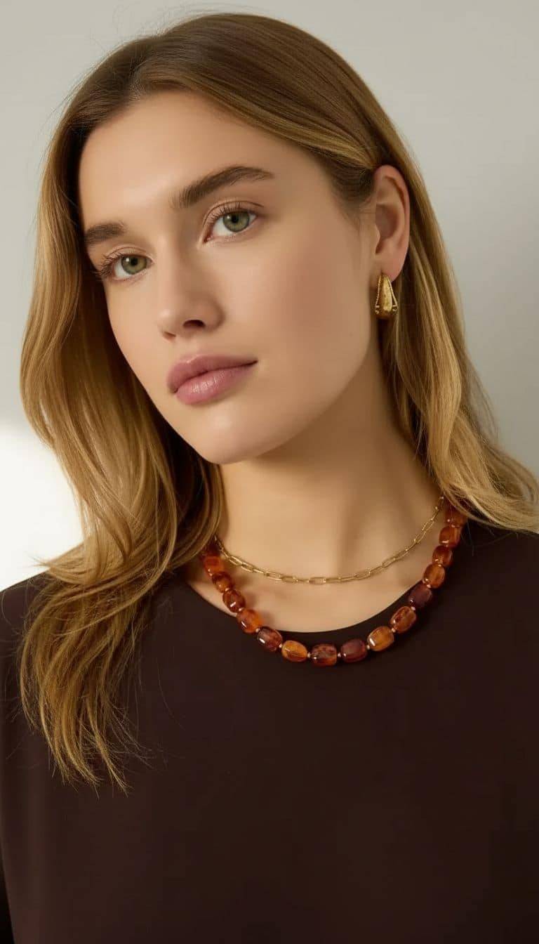 Retro-Bead Kette: Frau mit Halskette aus braunen Perlen und goldener Kette, Ohrringe. Modeschmuck.