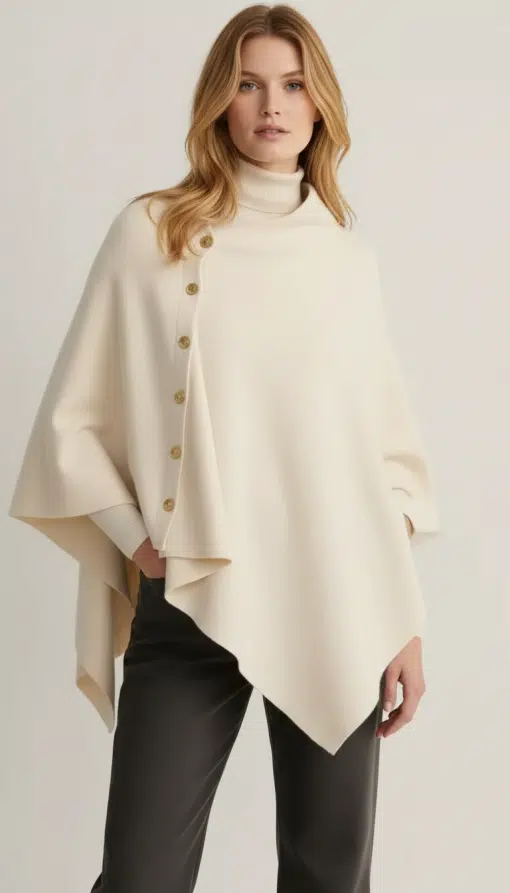 Du stehst im Mittelpunkt: Im cremefarbenen Dinah Poncho mit stylishen Seitenknöpfen und schwarzen Hosen bist du ein Hingucker.