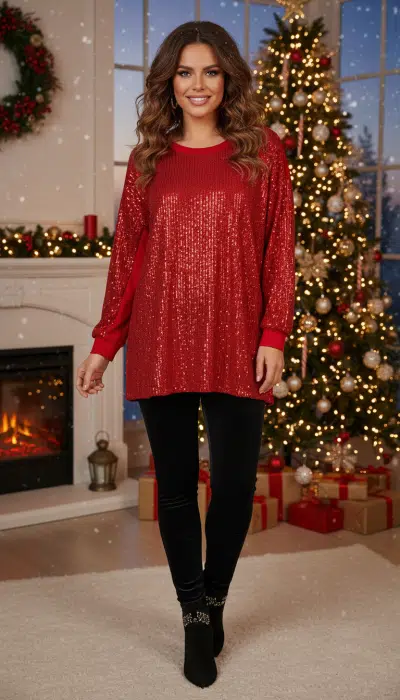 Strahle im Glam Pailletten Oversize Shirt mit schwarzen Hosen neben dem strahlenden Weihnachtsbaum und festlichen Geschenken.