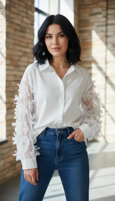Verwandle deinen Look: Trage die White Swan Bluse mit floralen, transparenten Ärmeln und stylischen Jeans vor Backsteinwand.