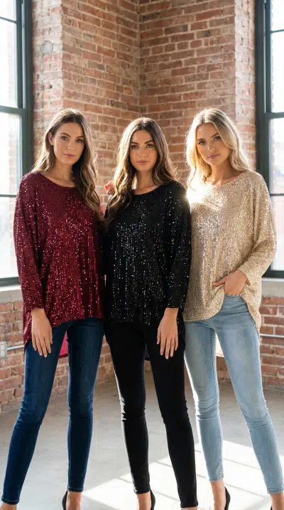 Entdecke deinen Style: Trage das Glamour Pailletten-Shirt in Rot, Schwarz oder Gold - urban, modern und einfach unwiderstehlich!.