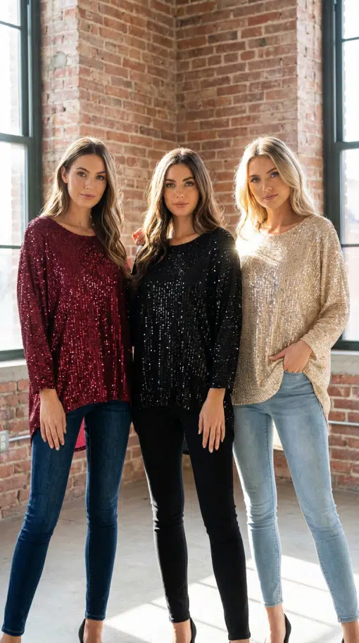 Entdecke deinen Style: Trage das Glamour Pailletten-Shirt in Rot, Schwarz oder Gold - urban, modern und einfach unwiderstehlich!.