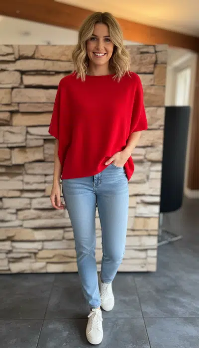 Strahle in deinem Soft Touch Pullover und Jeans vor moderner Steinwand - dein perfekter Look für jeden Tag!.