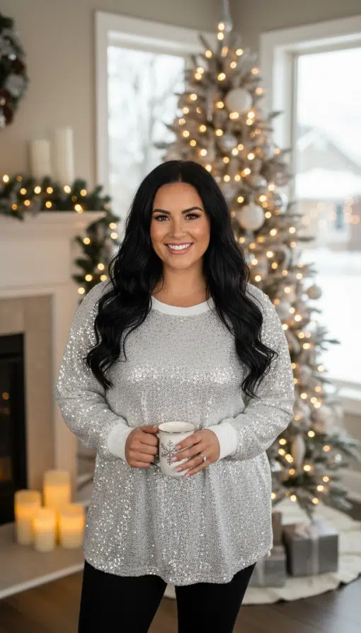 Du trägst das Glam Sequin Oversize Shirt, genießt deinen Kaffee und strahlst neben dem leuchtenden Weihnachtsbaum im festlichen Wohnzimmer.