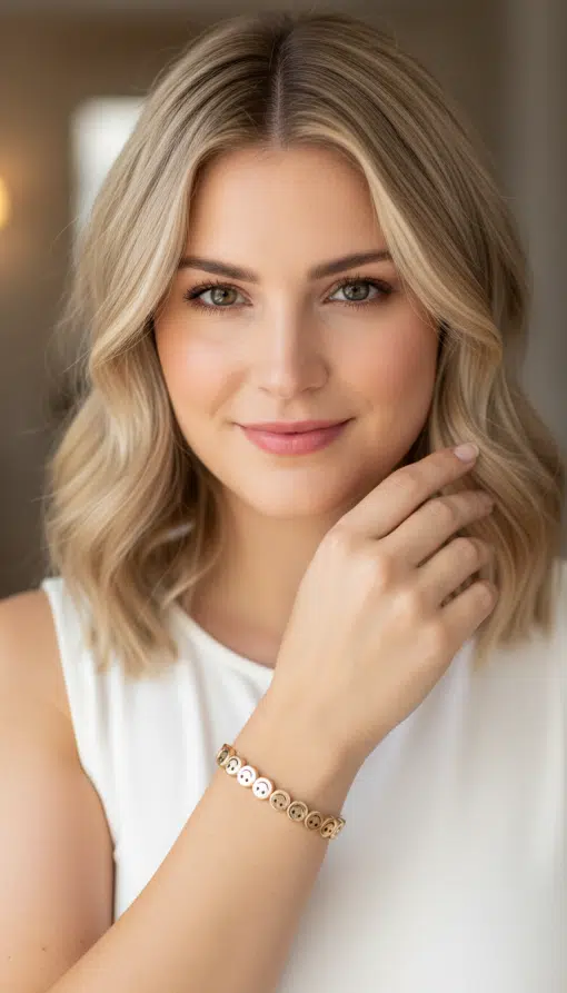 Strahle mit deinem weißen Top, goldenen Accessoires und dem stylishen Smiley-Armband - dein modernes Statement für jeden Tag!.