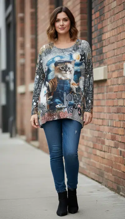Entdecke deinen lässigen Style: In Blue Jeans und dem Street Cat Pulli rockst du den urbanen Look vor dem Backstein-Spot.
