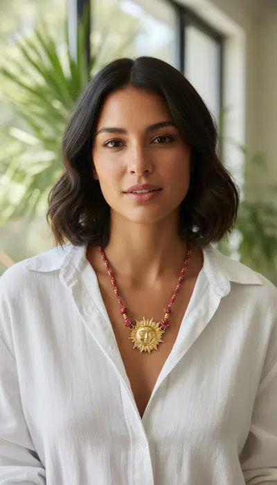 Trage die Sonnenkette: Dein modernes Statement-Stück mit goldenem Sonnentalisman - strahlend schön am Fenster in Weiß gestylt.