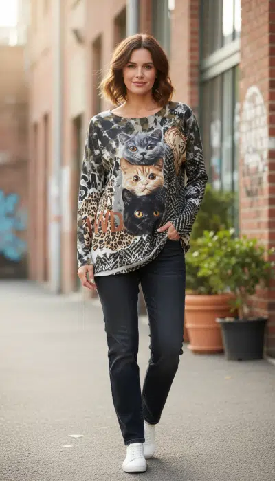 Strahle im Sweet Cat's Pulli/Shirt und Jeans, während du entspannt an stylischen Backsteinwänden und Pflanzen vorbeigehst.