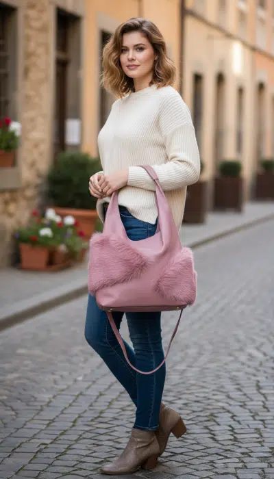 Mit deinem cremefarbenen Pullover, Jeans und Boots setzt du die Teddy Glam Tasche mit Faux-Fur-Details stylisch in Szene.