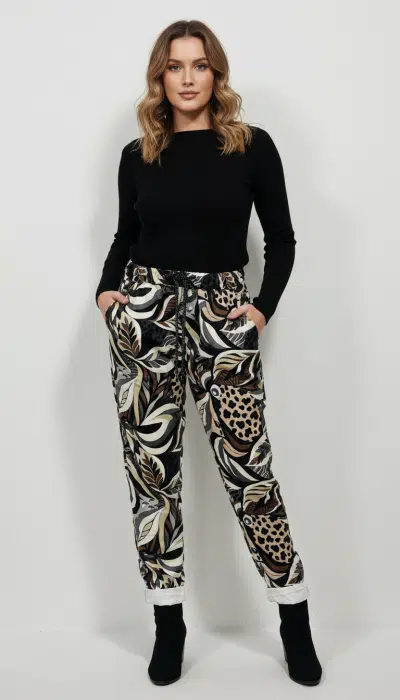 Setze ein stilvolles Statement: Trage ein schwarzes Top, zauberhafte Tropical Leaves Pants und coole schwarze Boots.