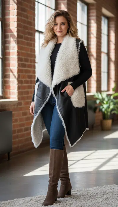 Du trägst die Urban Chic Wendeweste, stylisch in Schwarz und Braun, und strahlst im modernen Loft mit sonnigen Backsteinwänden.
