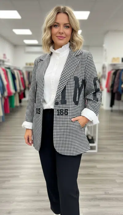Erlebe deinen Look: Mit dem NY 1988 Vichy-Blazer über einer weißen Bluse strahlst du Stil im modernen Store voller Trends.