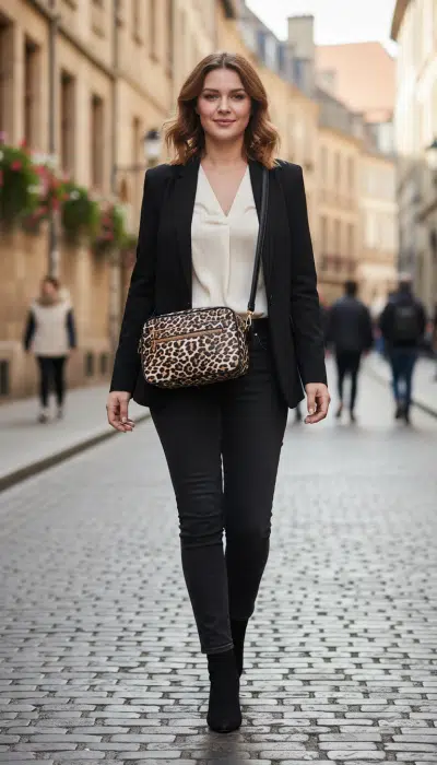 Du schreitest stilvoll im schwarzen Blazer über das Kopfsteinpflaster und präsentierst selbstbewusst die Elegant Wild Bag.