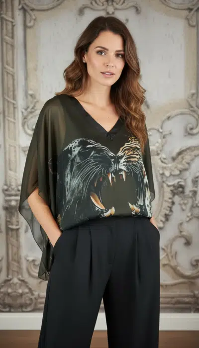 Entdecke deinen Look: Im "Wild Clash"-Tunika mit kraftvollem Tigerprint und lässigen Taschen setzt du starke Statements!.