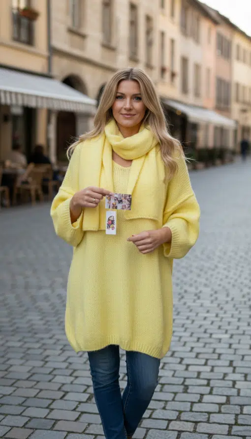 Du strahlst in dem Lovely Knit Dress, stehst selbstbewusst auf Kopfsteinpflaster und hältst eine Postkarte - einfach unwiderstehlich!.