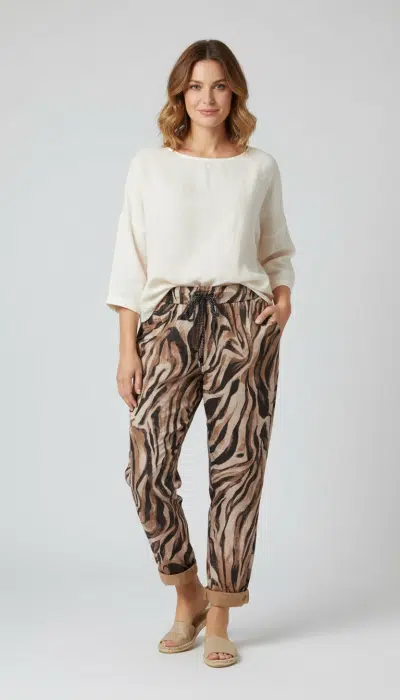 Lass dich von diesem Look inspirieren: Trage das lockere weiße Top und die zauberhaften Wild Jogpants mit Animal Print!.