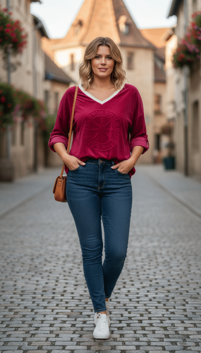 Erlebe deinen Look im La vie Belle Shirt (Kopie) und Jeans - flaniere stilvoll durch historische Gassen mit urbanem Flair.