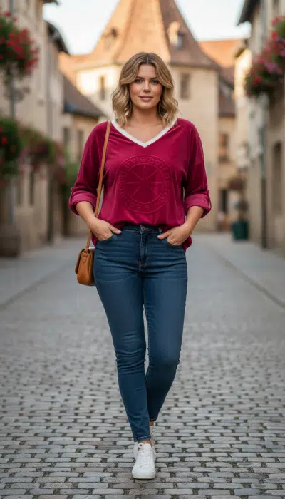 Erlebe deinen Look im La vie Belle Shirt (Kopie) und Jeans - flaniere stilvoll durch historische Gassen mit urbanem Flair.