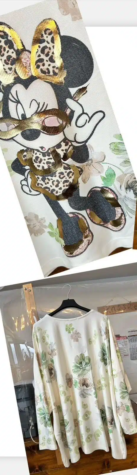 Style dein Outfit mit dem Minnie Safari Chic Oversize Shirt - weiß, geblümt, grün-beige und stylish mit Leo-Minnie-Patch!.